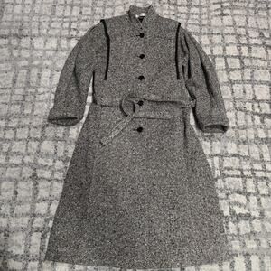 Vintage Alorna Salt & Pepper Wool Coat Mid Century Tweed Belted Long Jacket S M